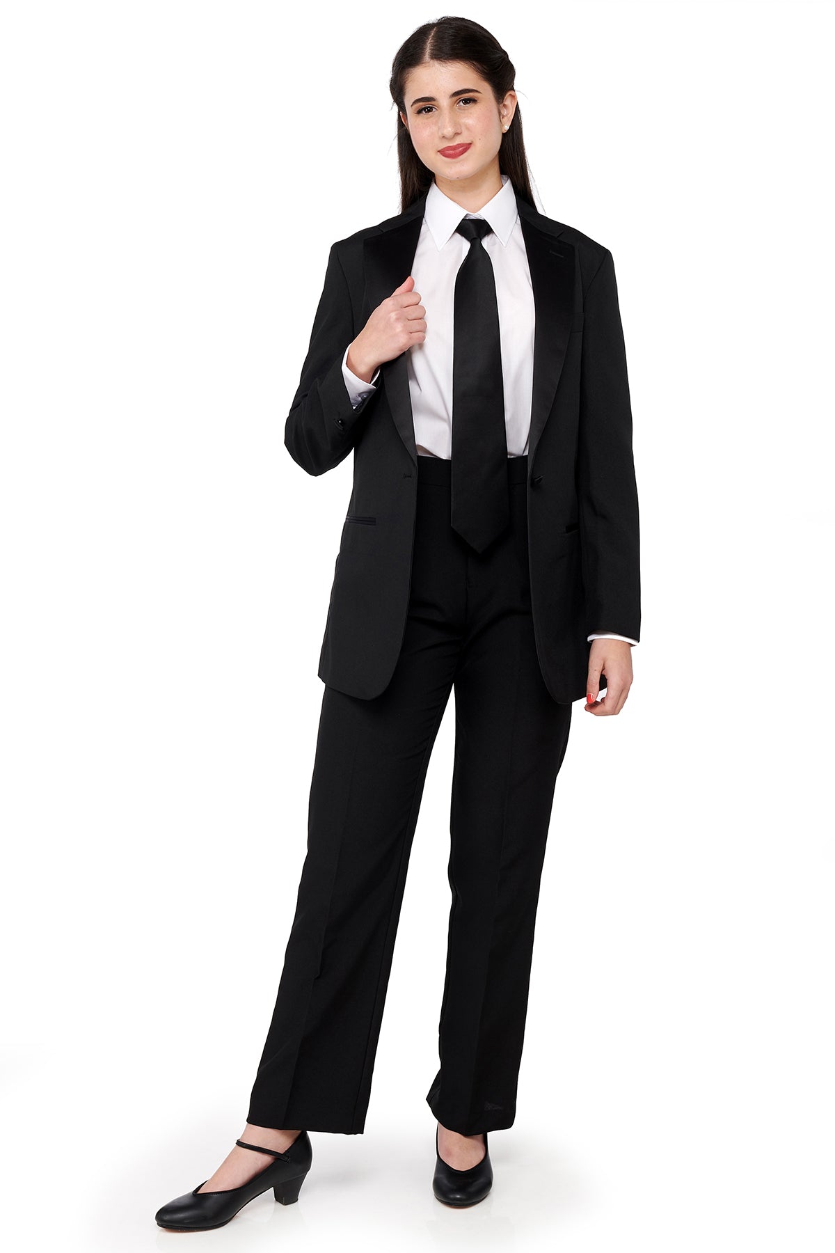 Women's Black, Flat Front, Comfort-Waist Tuxedo Pants with Satin Strip -  99tux